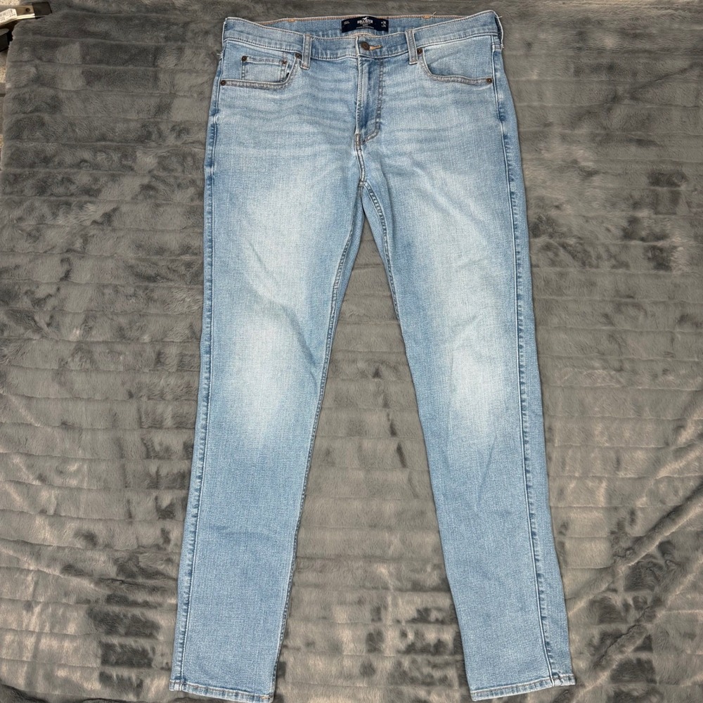 Hollister Mens Skinny Jeans Light Wash Advanced Stretch 36x34 Blue Denim